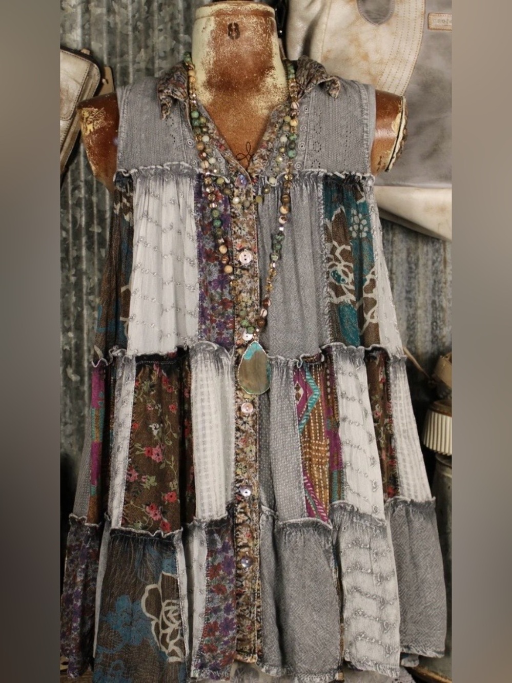 Young Threads Boho Patchwork Sleeveless Tunic/Dress in Slate.  Size XL. NWT.